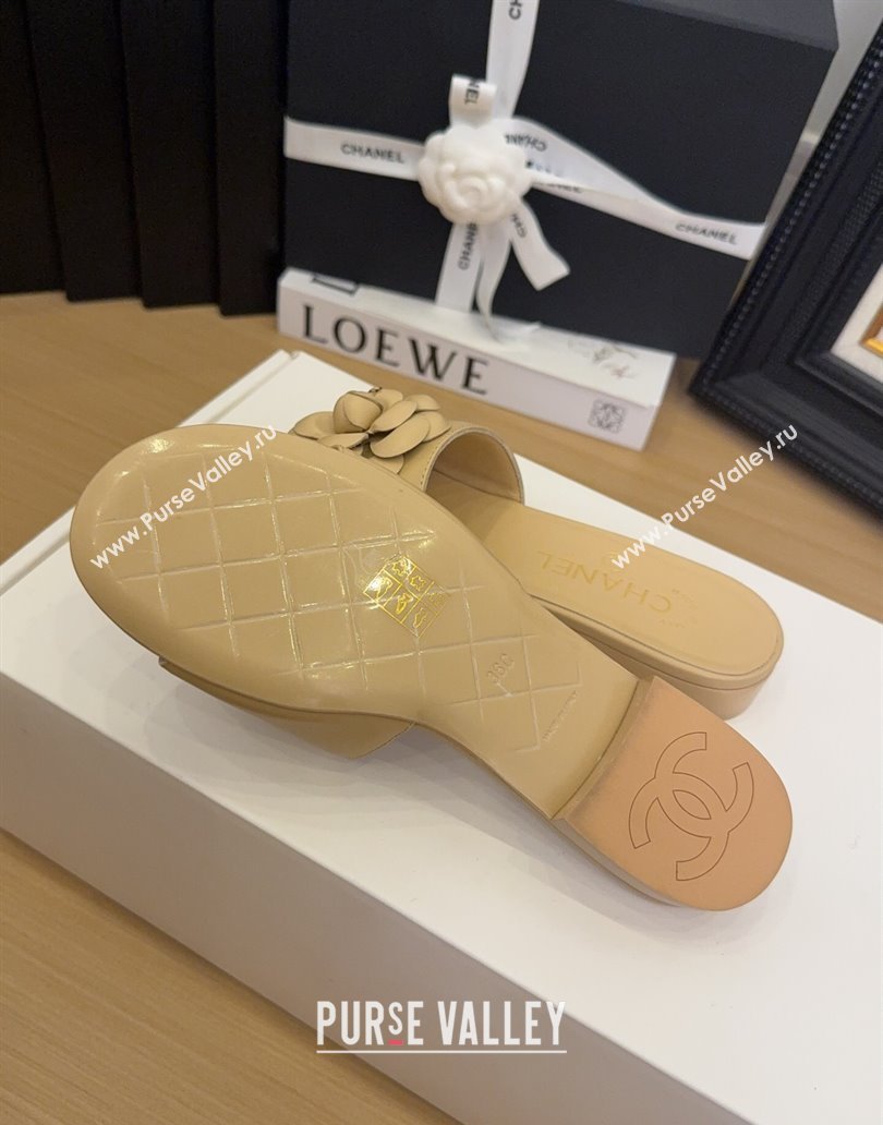 Chanel Lambskin Leather Flat Slides Sandal with Camellia Beige 2025 CH041505 (MD-250415037)