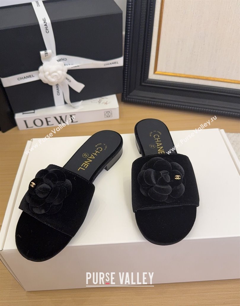 Chanel Velvet Flat Slides Sandal with Camellia Black 2025 CH041505 (MD-250415038)
