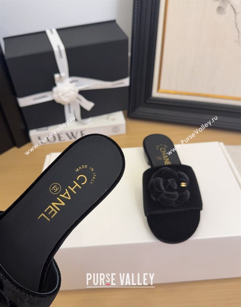 Chanel Velvet Flat Slides Sandal with Camellia Black 2025 CH041505 (MD-250415038)