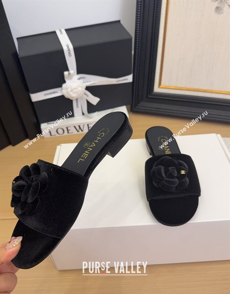 Chanel Velvet Flat Slides Sandal with Camellia Black 2025 CH041505 (MD-250415038)