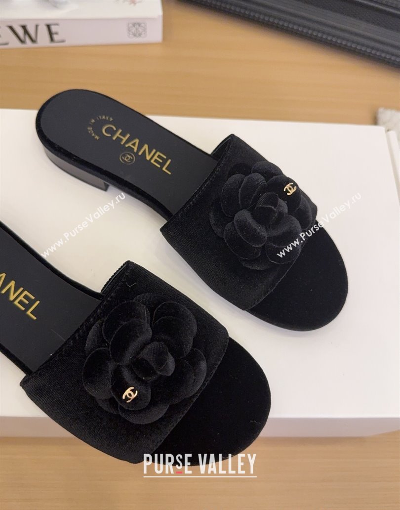 Chanel Velvet Flat Slides Sandal with Camellia Black 2025 CH041505 (MD-250415038)