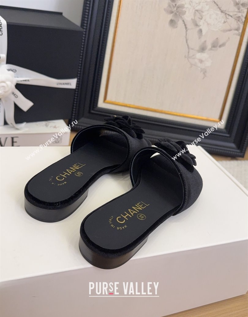 Chanel Velvet Flat Slides Sandal with Camellia Black 2025 CH041505 (MD-250415038)