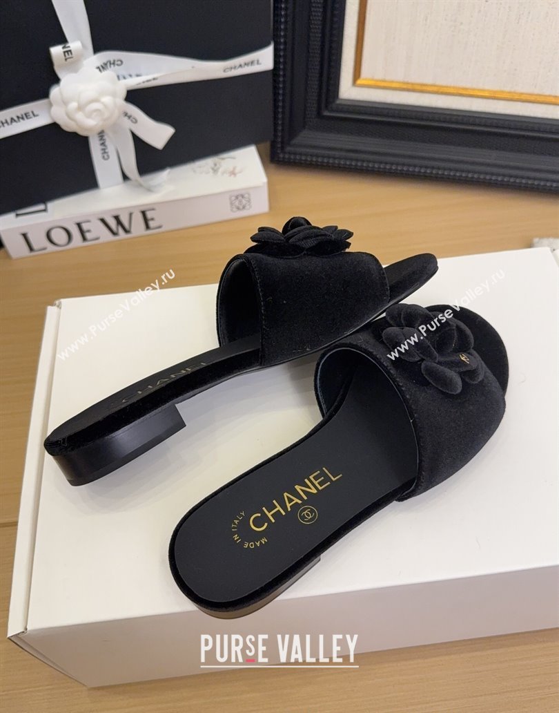 Chanel Velvet Flat Slides Sandal with Camellia Black 2025 CH041505 (MD-250415038)