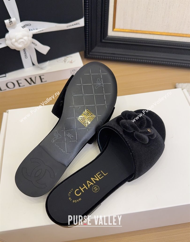 Chanel Velvet Flat Slides Sandal with Camellia Black 2025 CH041505 (MD-250415038)