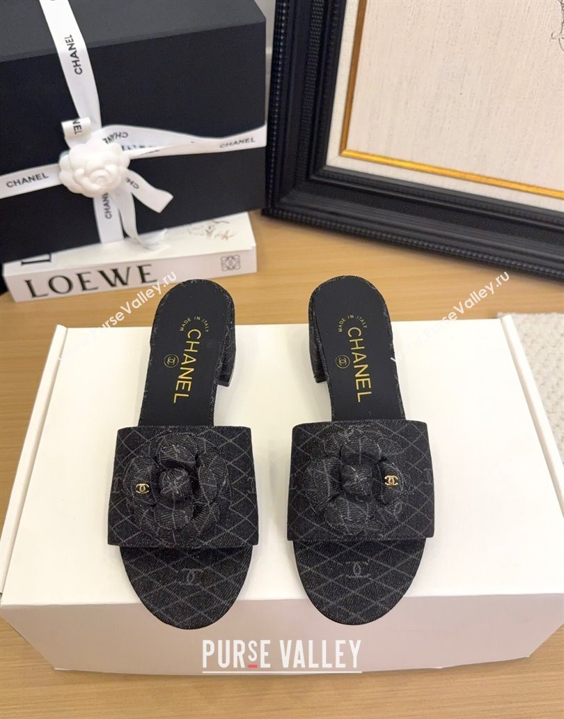 Chanel Quilted Denim Heel Slides Sandal 5cm with Camellia Black 2025 CH041505 (MD-250415042)