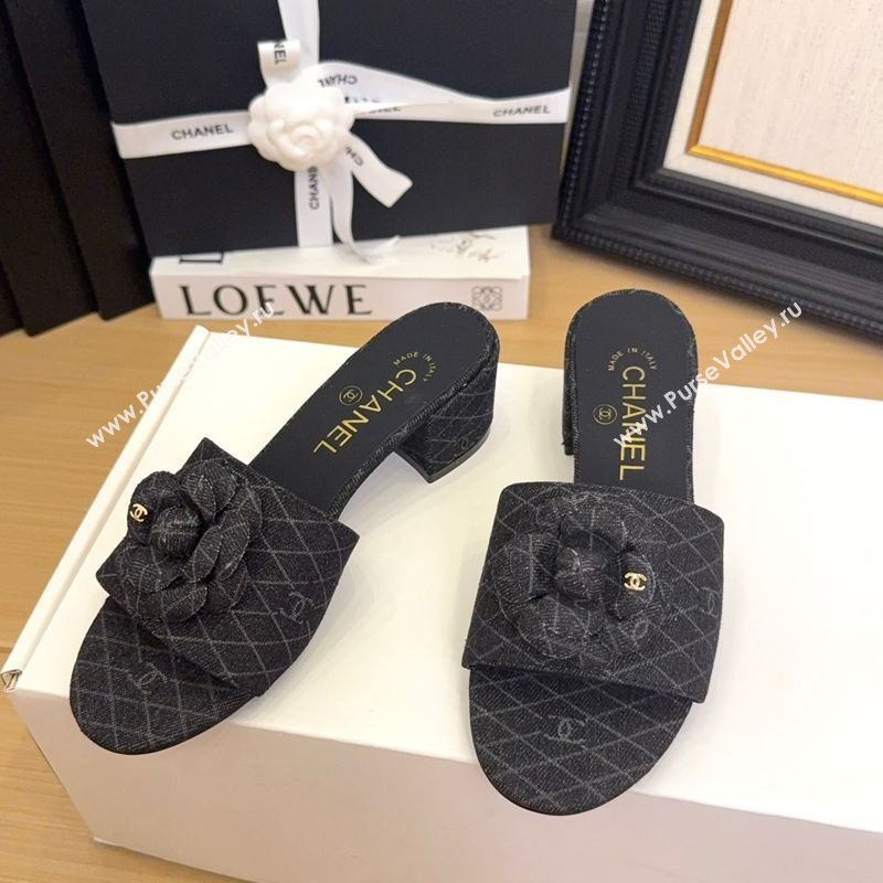 Chanel Quilted Denim Heel Slides Sandal 5cm with Camellia Black 2025 CH041505 (MD-250415042)