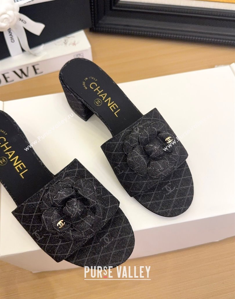 Chanel Quilted Denim Heel Slides Sandal 5cm with Camellia Black 2025 CH041505 (MD-250415042)