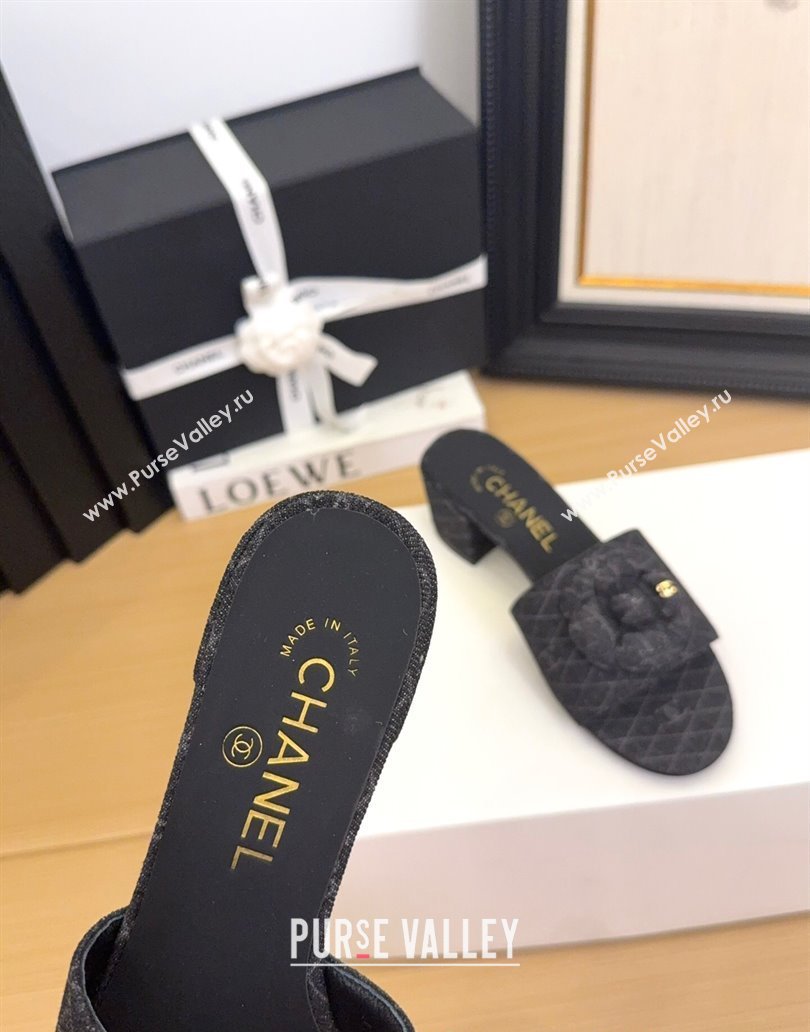Chanel Quilted Denim Heel Slides Sandal 5cm with Camellia Black 2025 CH041505 (MD-250415042)