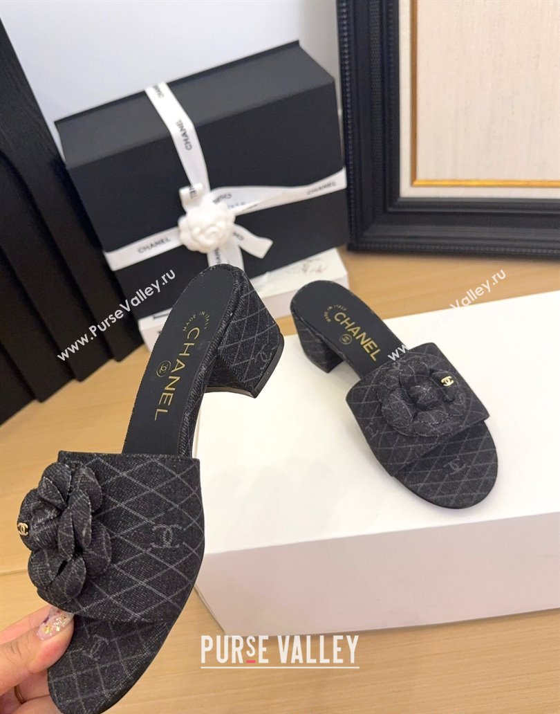 Chanel Quilted Denim Heel Slides Sandal 5cm with Camellia Black 2025 CH041505 (MD-250415042)