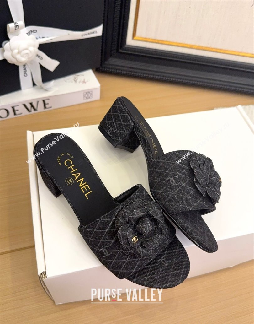 Chanel Quilted Denim Heel Slides Sandal 5cm with Camellia Black 2025 CH041505 (MD-250415042)