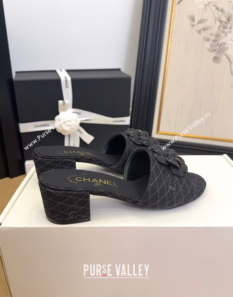 Chanel Quilted Denim Heel Slides Sandal 5cm with Camellia Black 2025 CH041505 (MD-250415042)