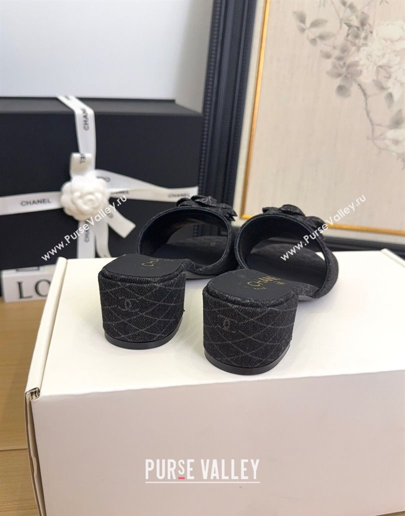 Chanel Quilted Denim Heel Slides Sandal 5cm with Camellia Black 2025 CH041505 (MD-250415042)