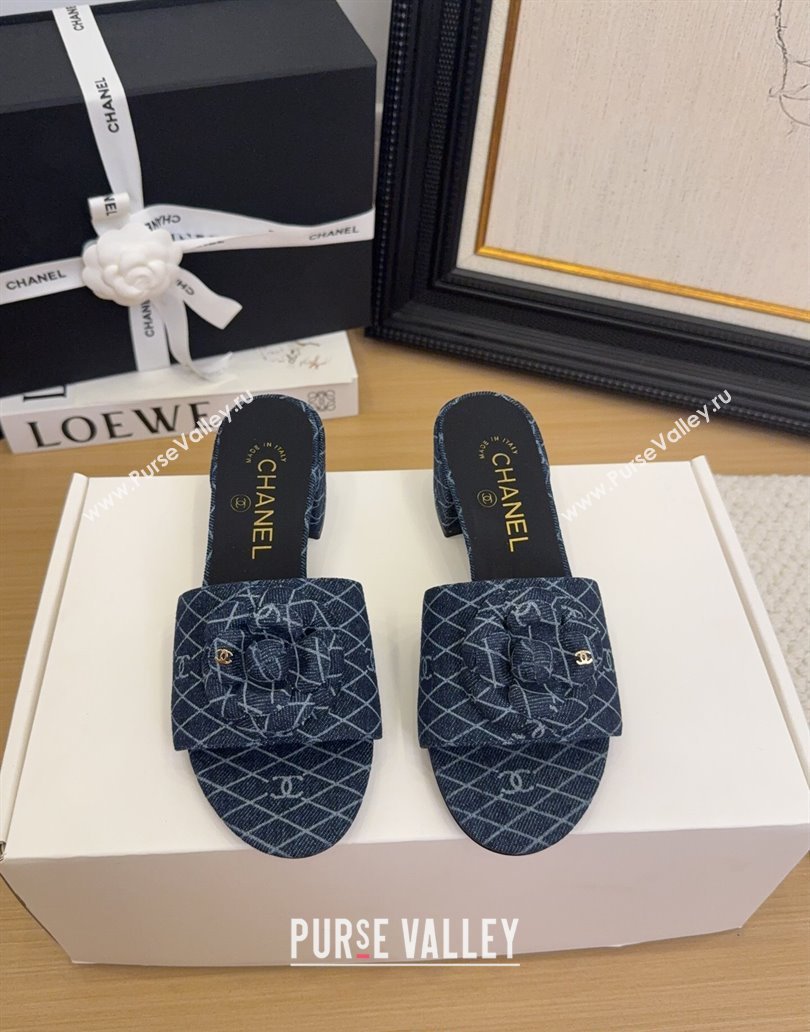 Chanel Quilted Denim Heel Slides Sandal 5cm with Camellia Dark Blue 2025 CH041505 (MD-250415043)