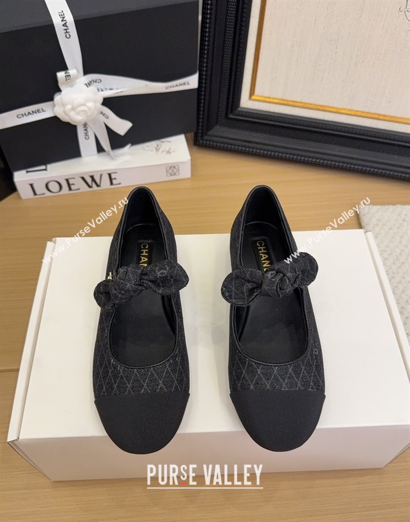 Chanel Quilted Denim Mary Janes Ballet Flats with Knot Bow Black 2025 G46149 (MD-250415001)