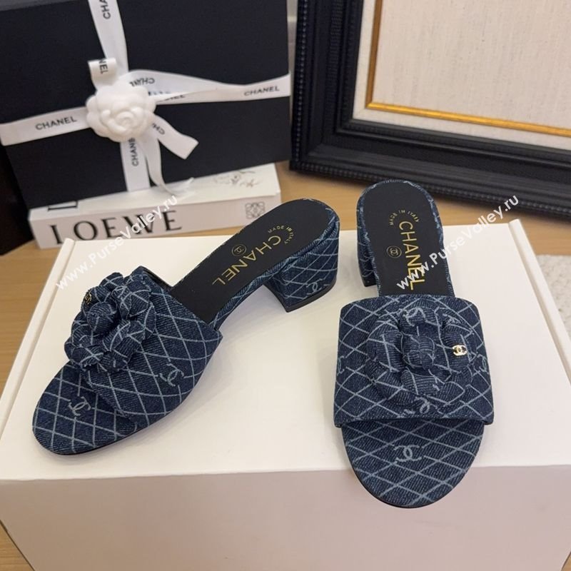 Chanel Quilted Denim Heel Slides Sandal 5cm with Camellia Dark Blue 2025 CH041505 (MD-250415043)