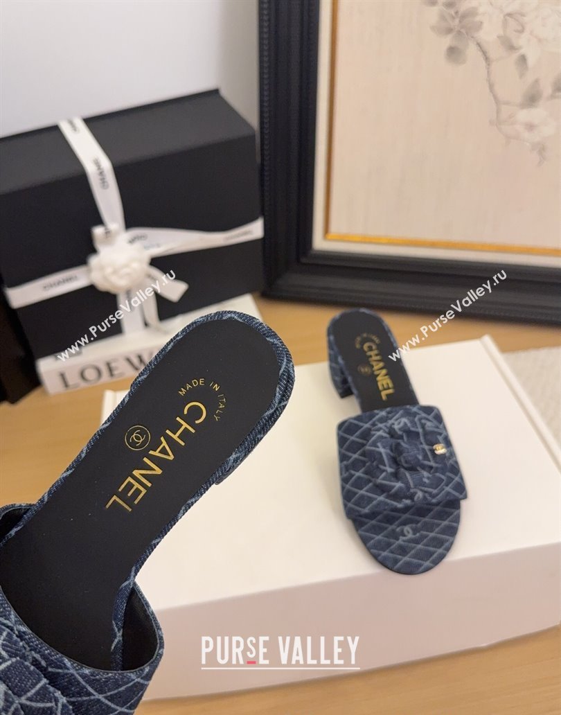 Chanel Quilted Denim Heel Slides Sandal 5cm with Camellia Dark Blue 2025 CH041505 (MD-250415043)