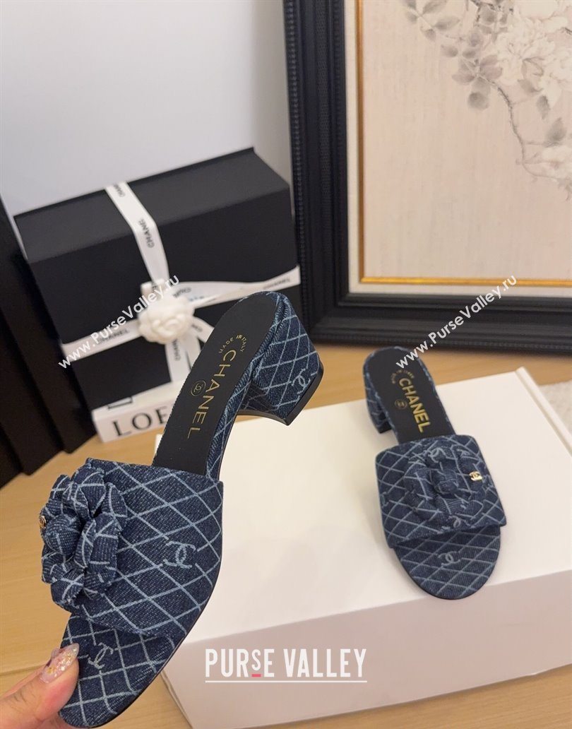 Chanel Quilted Denim Heel Slides Sandal 5cm with Camellia Dark Blue 2025 CH041505 (MD-250415043)