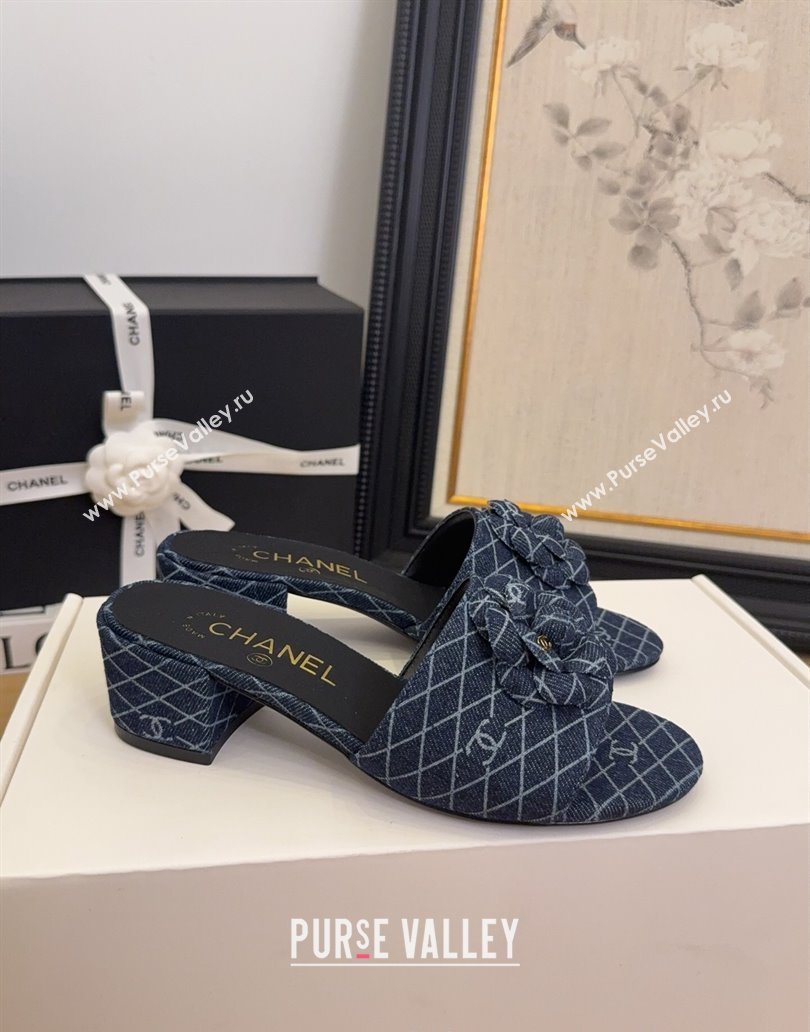 Chanel Quilted Denim Heel Slides Sandal 5cm with Camellia Dark Blue 2025 CH041505 (MD-250415043)