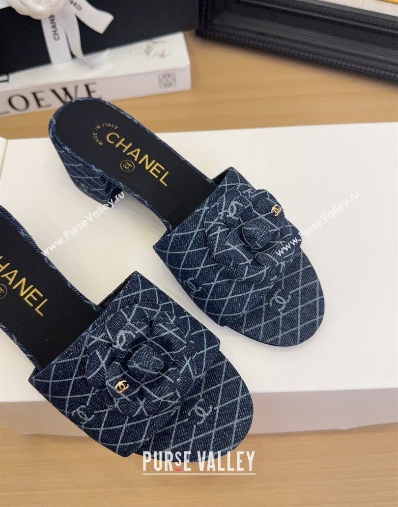 Chanel Quilted Denim Heel Slides Sandal 5cm with Camellia Dark Blue 2025 CH041505 (MD-250415043)