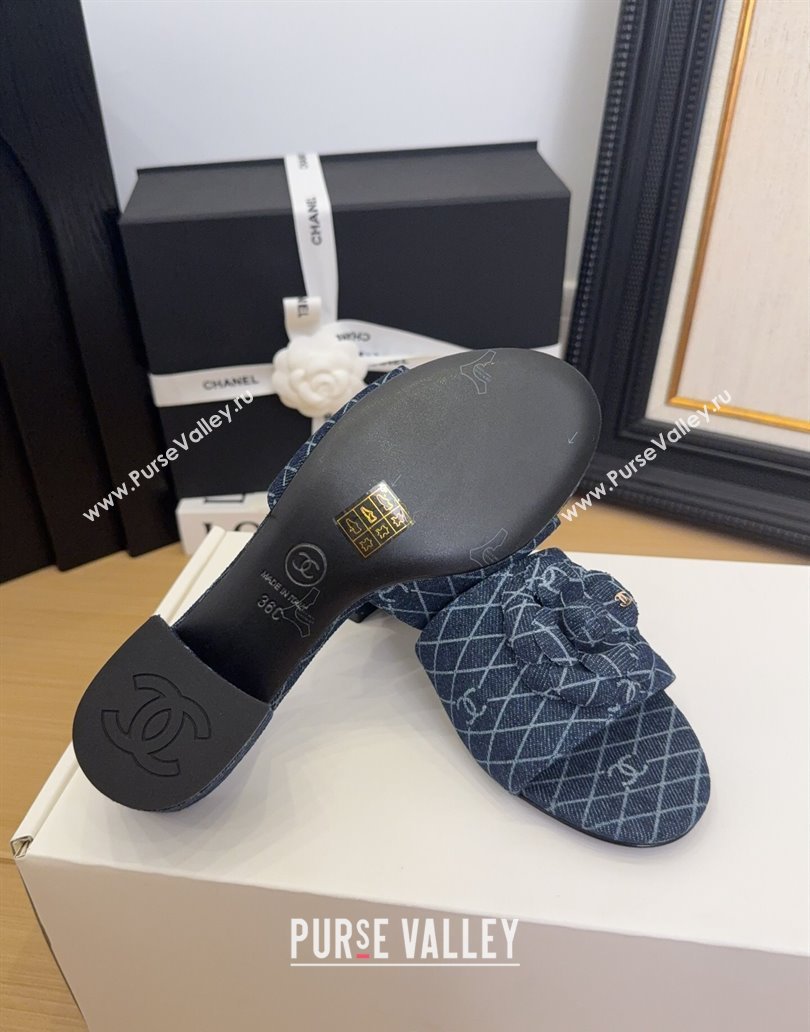 Chanel Quilted Denim Heel Slides Sandal 5cm with Camellia Dark Blue 2025 CH041505 (MD-250415043)
