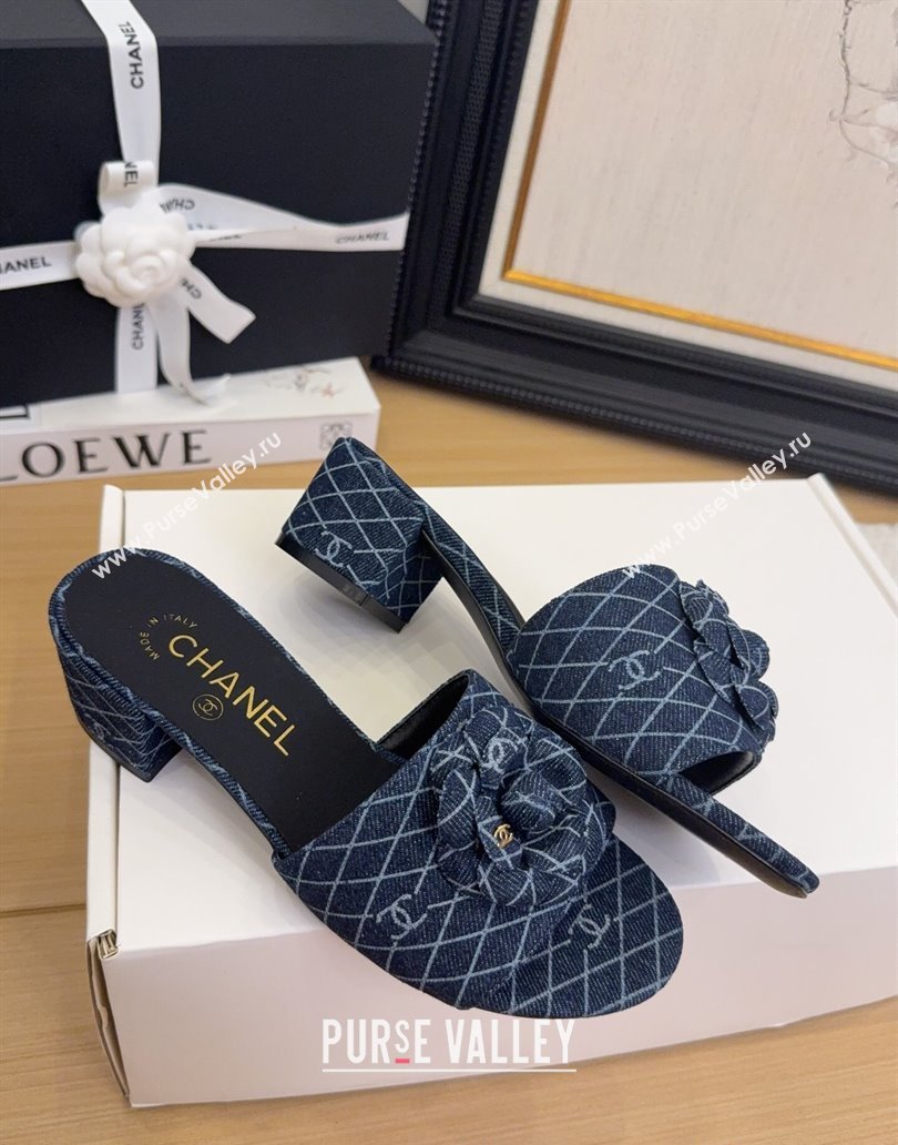 Chanel Quilted Denim Heel Slides Sandal 5cm with Camellia Dark Blue 2025 CH041505 (MD-250415043)