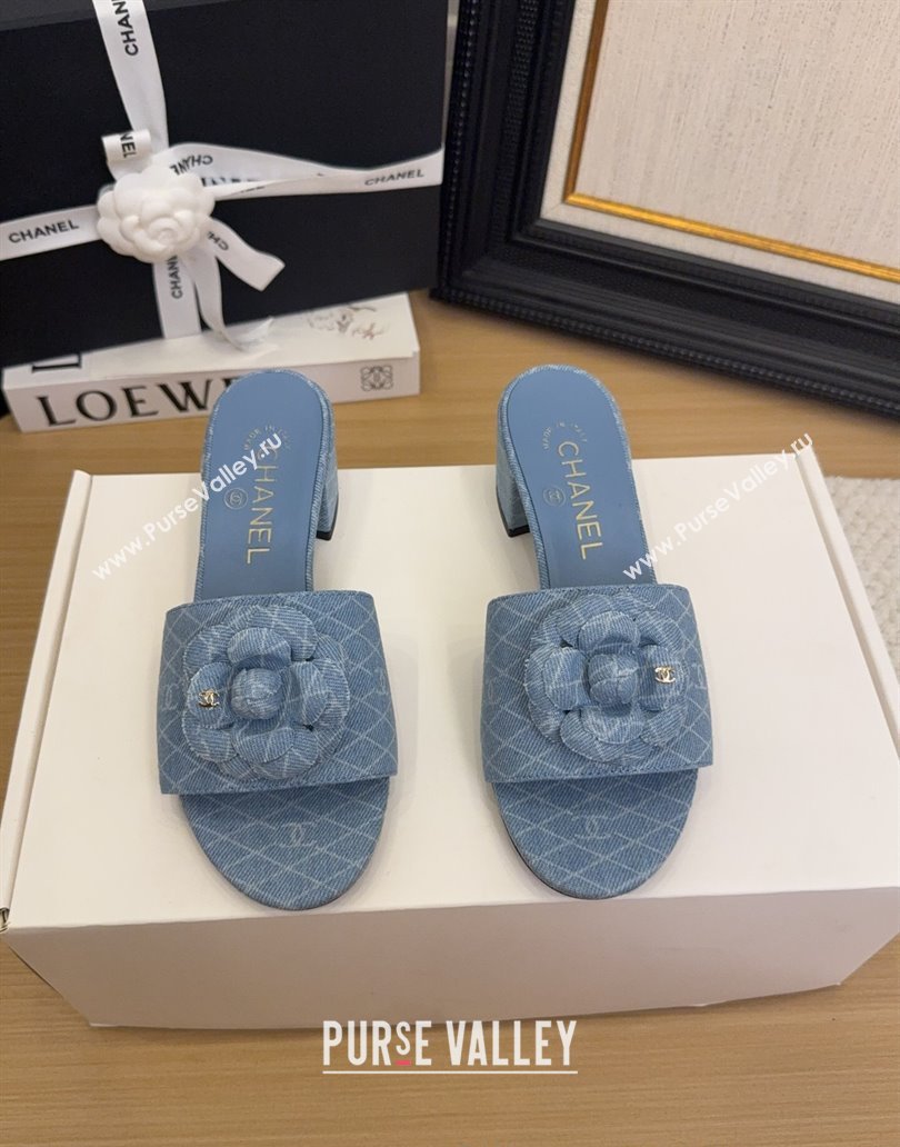 Chanel Quilted Denim Heel Slides Sandal 5cm with Camellia Light Blue 2025 CH041505 (MD-250415044)