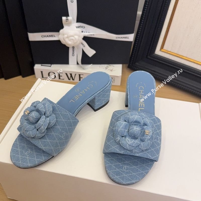 Chanel Quilted Denim Heel Slides Sandal 5cm with Camellia Light Blue 2025 CH041505 (MD-250415044)