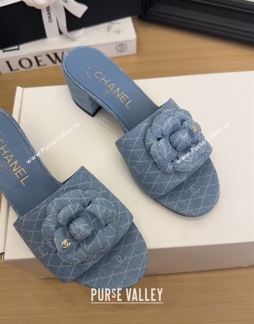 Chanel Quilted Denim Heel Slides Sandal 5cm with Camellia Light Blue 2025 CH041505 (MD-250415044)