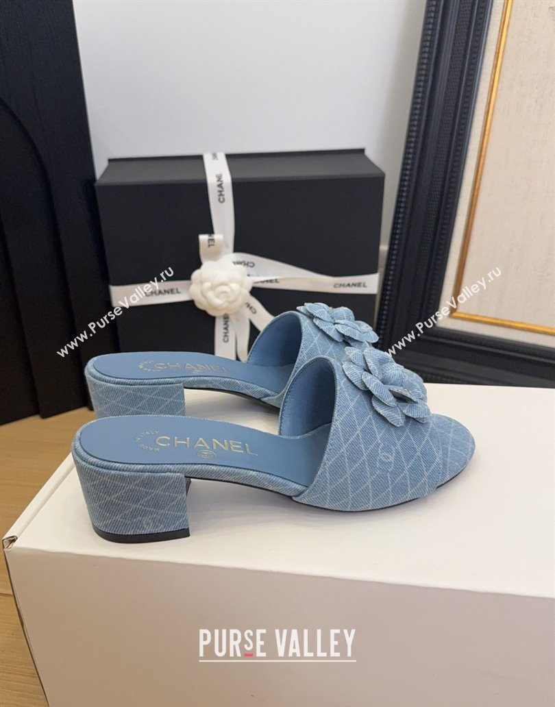 Chanel Quilted Denim Heel Slides Sandal 5cm with Camellia Light Blue 2025 CH041505 (MD-250415044)