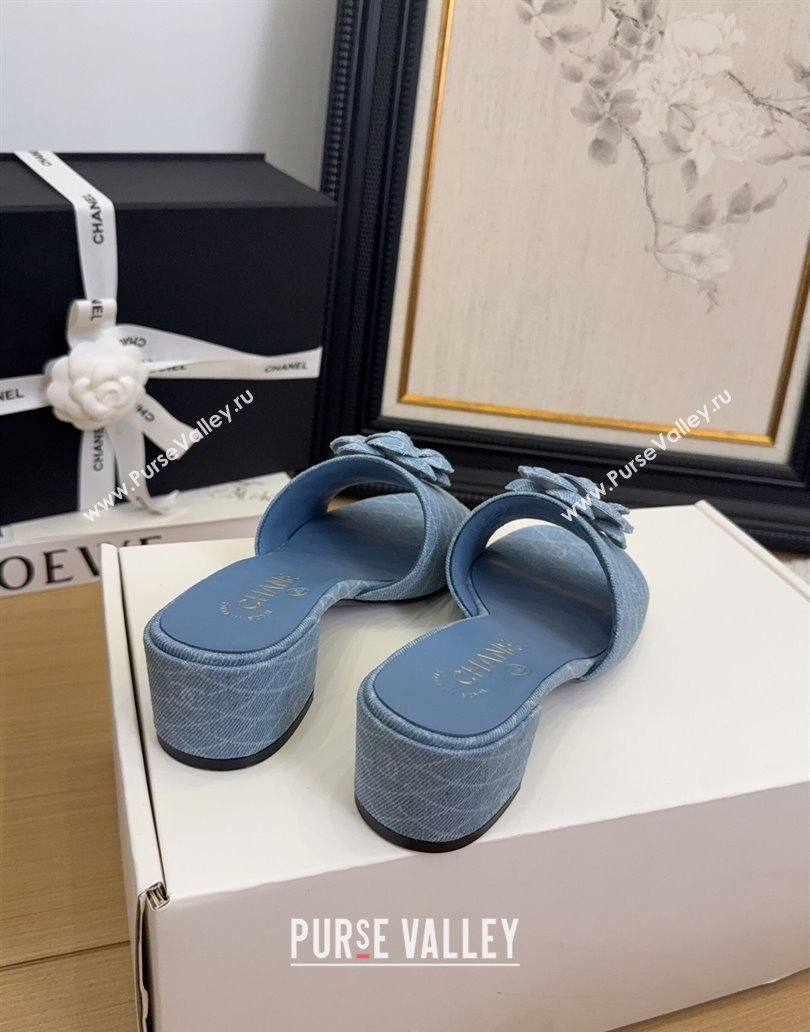 Chanel Quilted Denim Heel Slides Sandal 5cm with Camellia Light Blue 2025 CH041505 (MD-250415044)