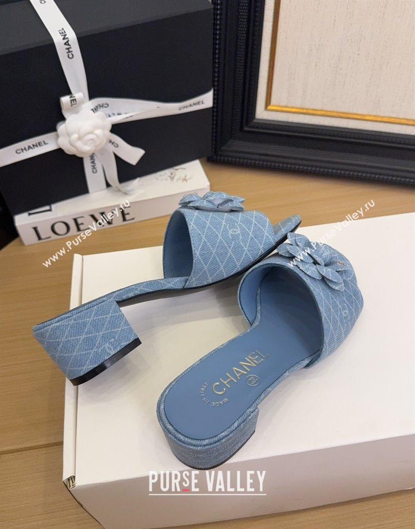 Chanel Quilted Denim Heel Slides Sandal 5cm with Camellia Light Blue 2025 CH041505 (MD-250415044)