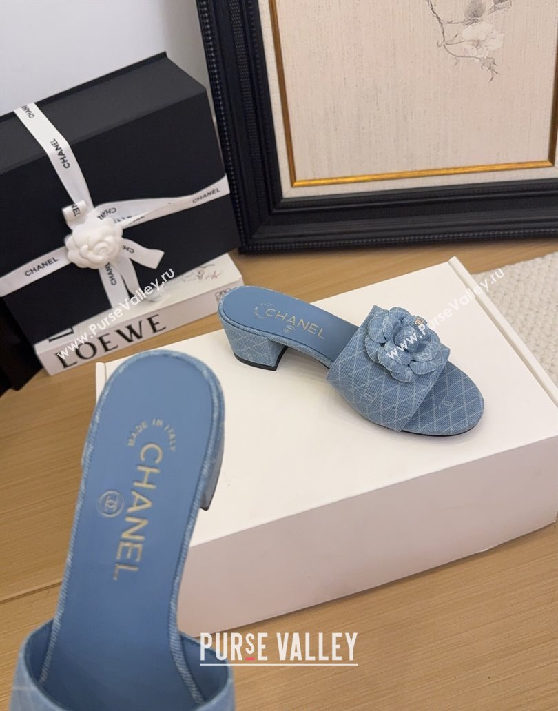 Chanel Quilted Denim Heel Slides Sandal 5cm with Camellia Light Blue 2025 CH041505 (MD-250415044)