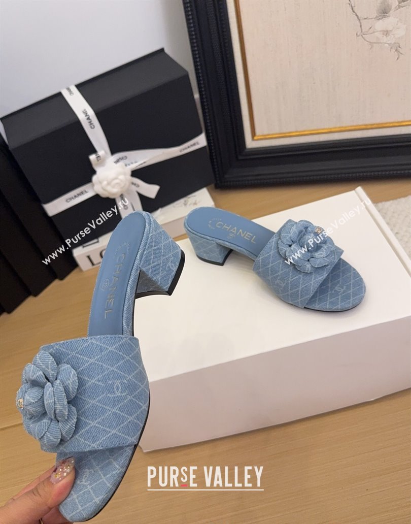 Chanel Quilted Denim Heel Slides Sandal 5cm with Camellia Light Blue 2025 CH041505 (MD-250415044)