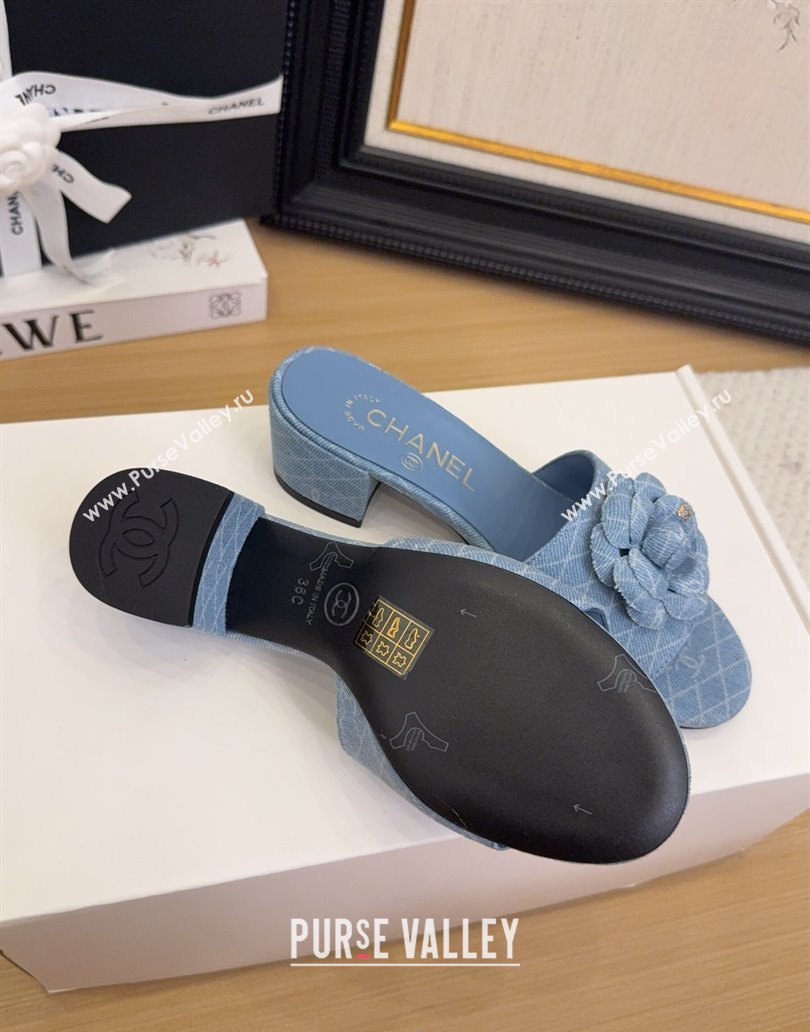 Chanel Quilted Denim Heel Slides Sandal 5cm with Camellia Light Blue 2025 CH041505 (MD-250415044)