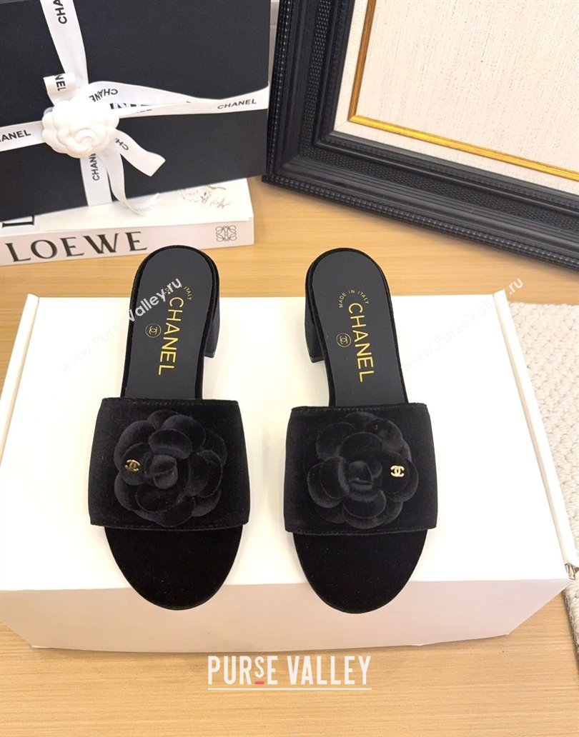 Chanel Velvet Heel Slides Sandal 5cm with Camellia Black 2025 CH041505 (MD-250415041)