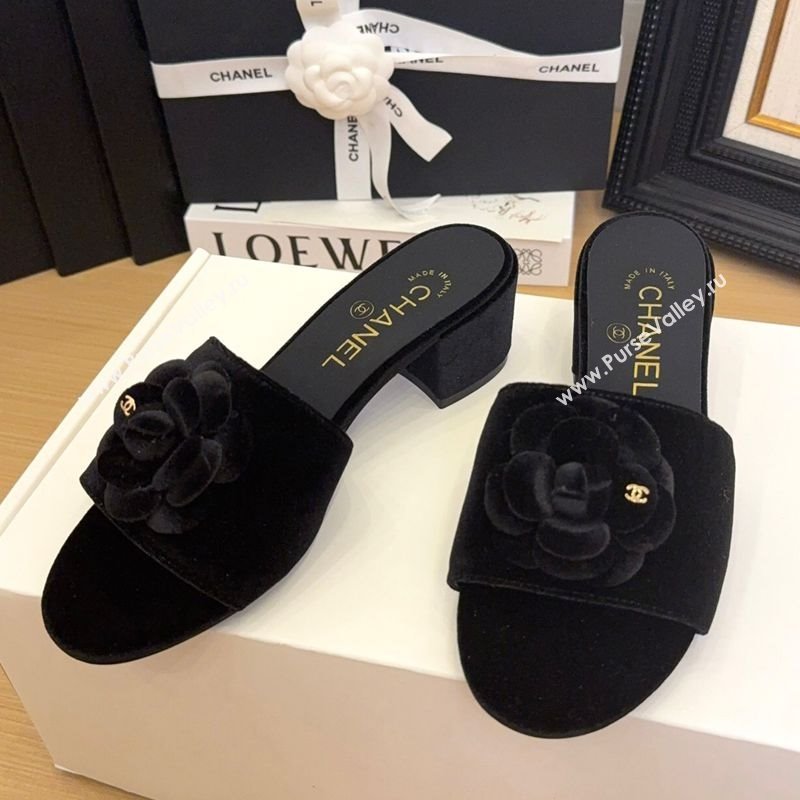 Chanel Velvet Heel Slides Sandal 5cm with Camellia Black 2025 CH041505 (MD-250415041)
