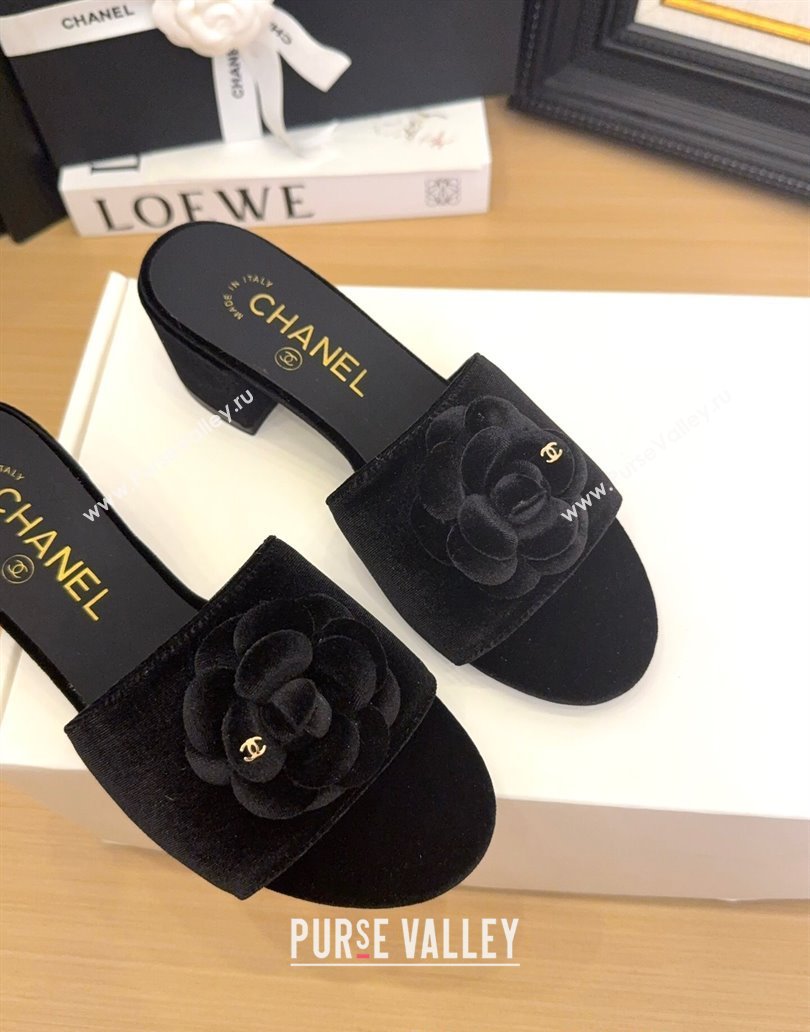 Chanel Velvet Heel Slides Sandal 5cm with Camellia Black 2025 CH041505 (MD-250415041)