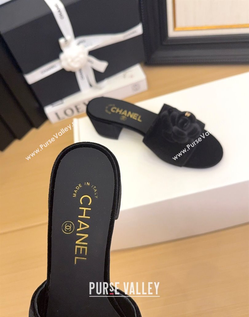 Chanel Velvet Heel Slides Sandal 5cm with Camellia Black 2025 CH041505 (MD-250415041)