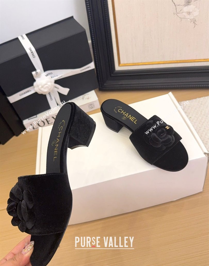 Chanel Velvet Heel Slides Sandal 5cm with Camellia Black 2025 CH041505 (MD-250415041)