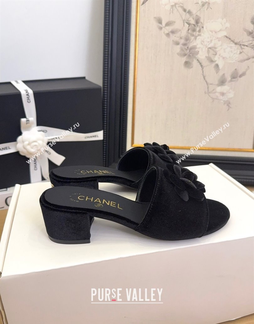 Chanel Velvet Heel Slides Sandal 5cm with Camellia Black 2025 CH041505 (MD-250415041)