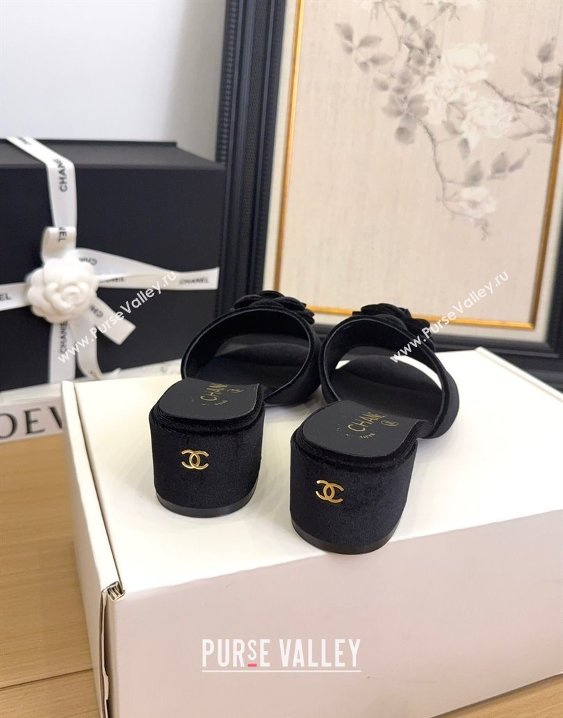 Chanel Velvet Heel Slides Sandal 5cm with Camellia Black 2025 CH041505 (MD-250415041)