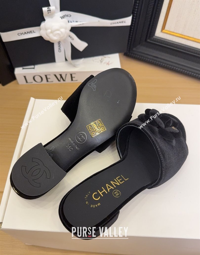 Chanel Velvet Heel Slides Sandal 5cm with Camellia Black 2025 CH041505 (MD-250415041)
