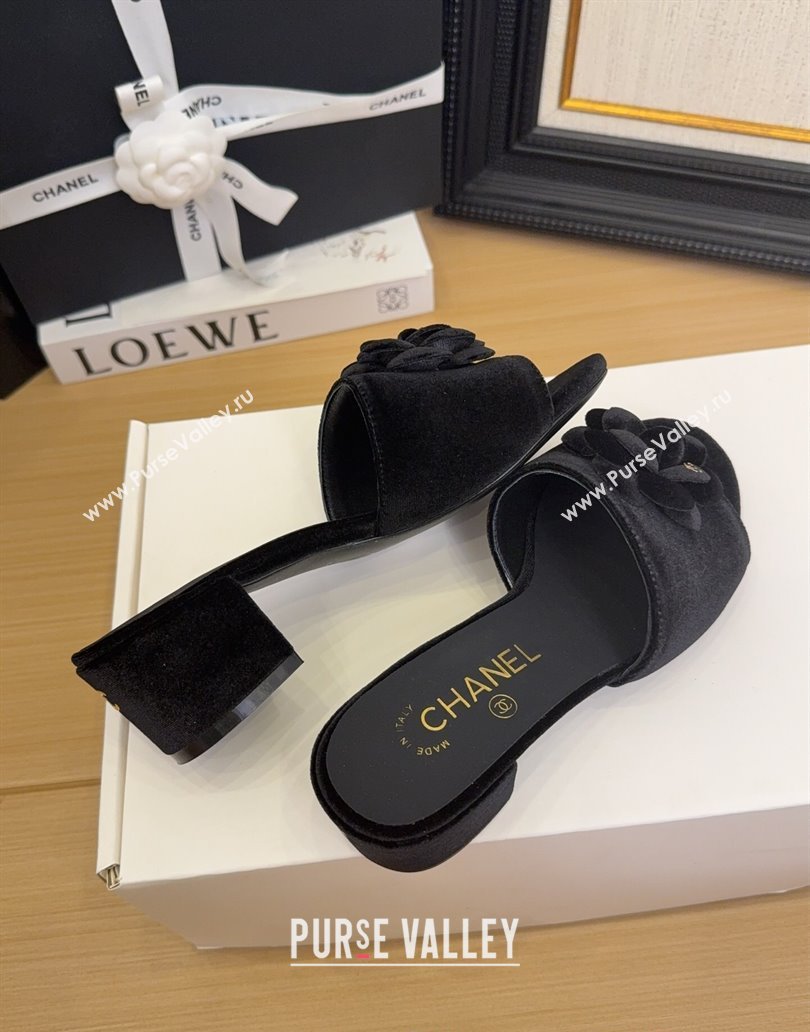 Chanel Velvet Heel Slides Sandal 5cm with Camellia Black 2025 CH041505 (MD-250415041)