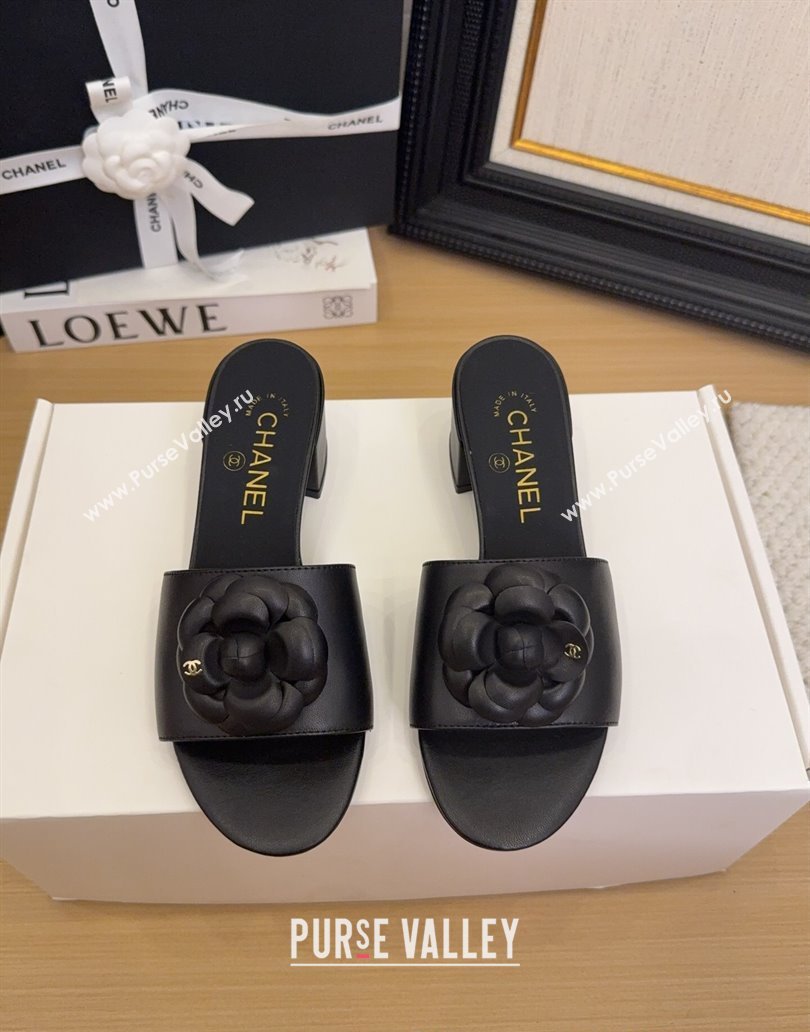 Chanel Lambskin Heel Slides Sandal 5cm with Camellia Black 2025 CH041505 (MD-250415045)