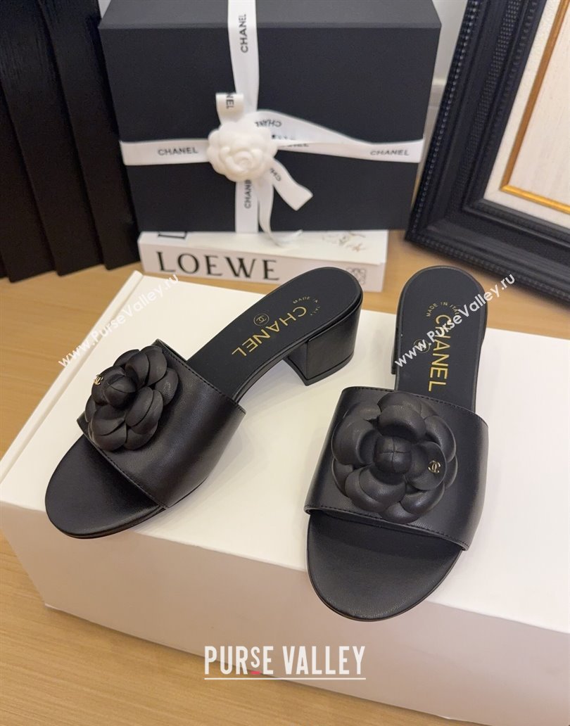 Chanel Lambskin Heel Slides Sandal 5cm with Camellia Black 2025 CH041505 (MD-250415045)