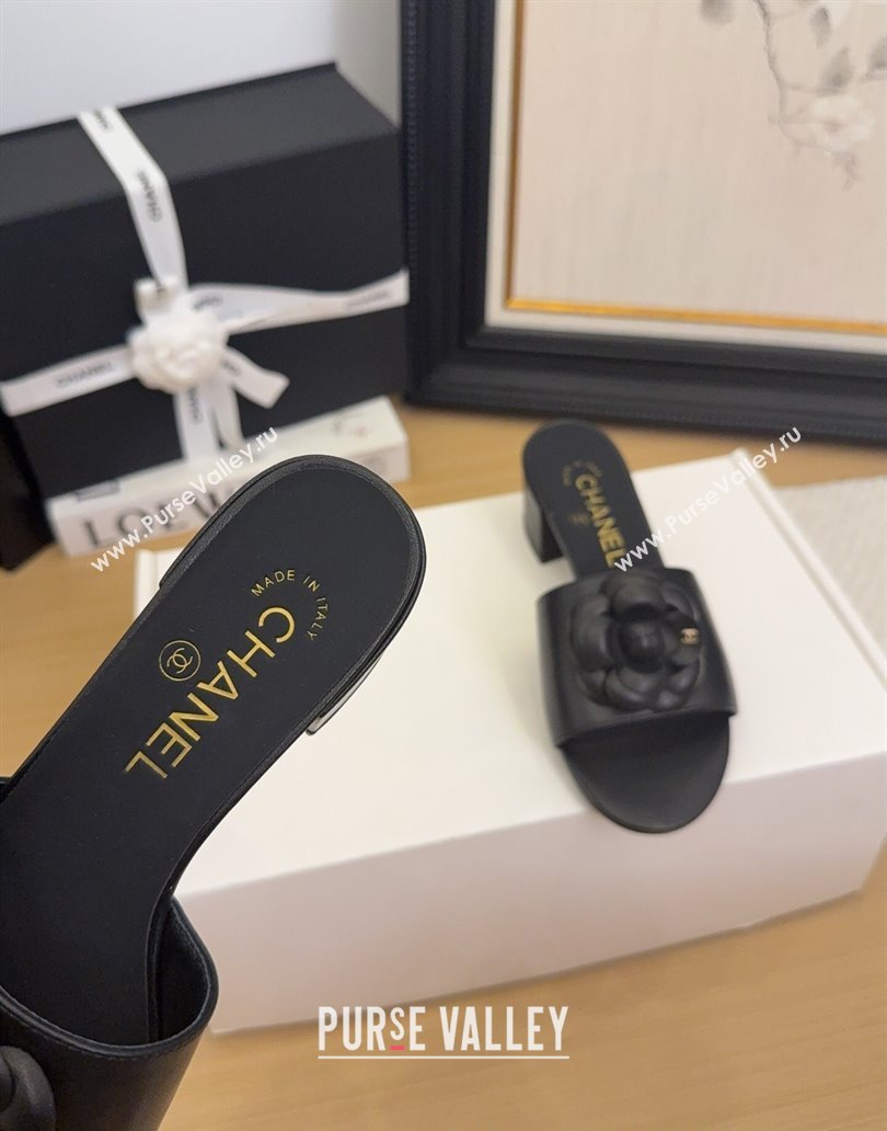 Chanel Lambskin Heel Slides Sandal 5cm with Camellia Black 2025 CH041505 (MD-250415045)