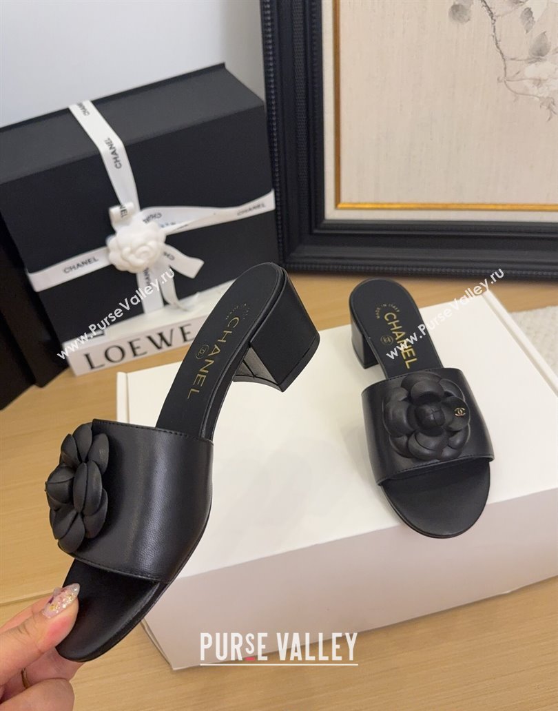Chanel Lambskin Heel Slides Sandal 5cm with Camellia Black 2025 CH041505 (MD-250415045)