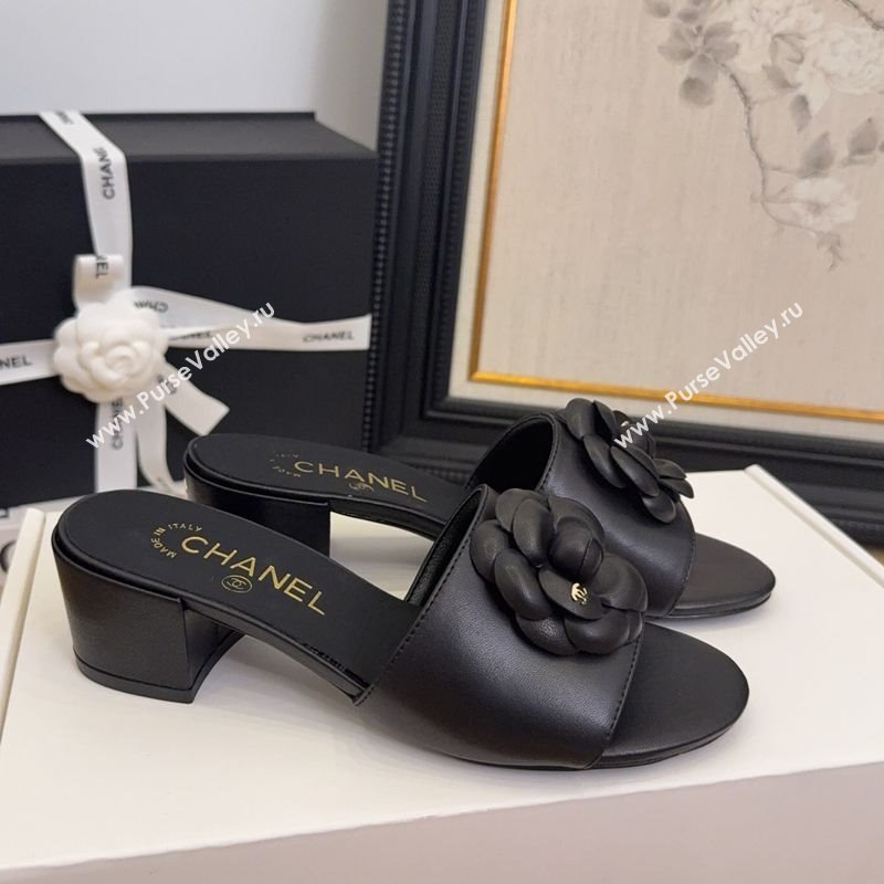Chanel Lambskin Heel Slides Sandal 5cm with Camellia Black 2025 CH041505 (MD-250415045)