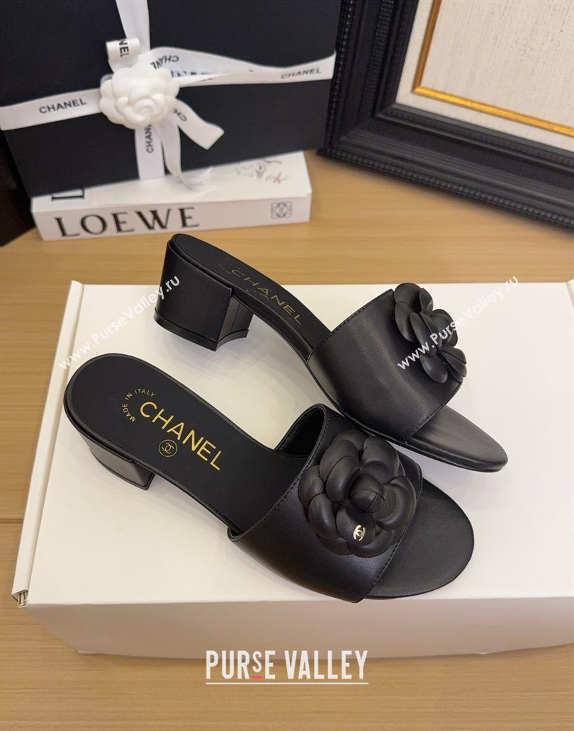 Chanel Lambskin Heel Slides Sandal 5cm with Camellia Black 2025 CH041505 (MD-250415045)