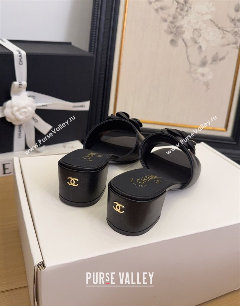 Chanel Lambskin Heel Slides Sandal 5cm with Camellia Black 2025 CH041505 (MD-250415045)